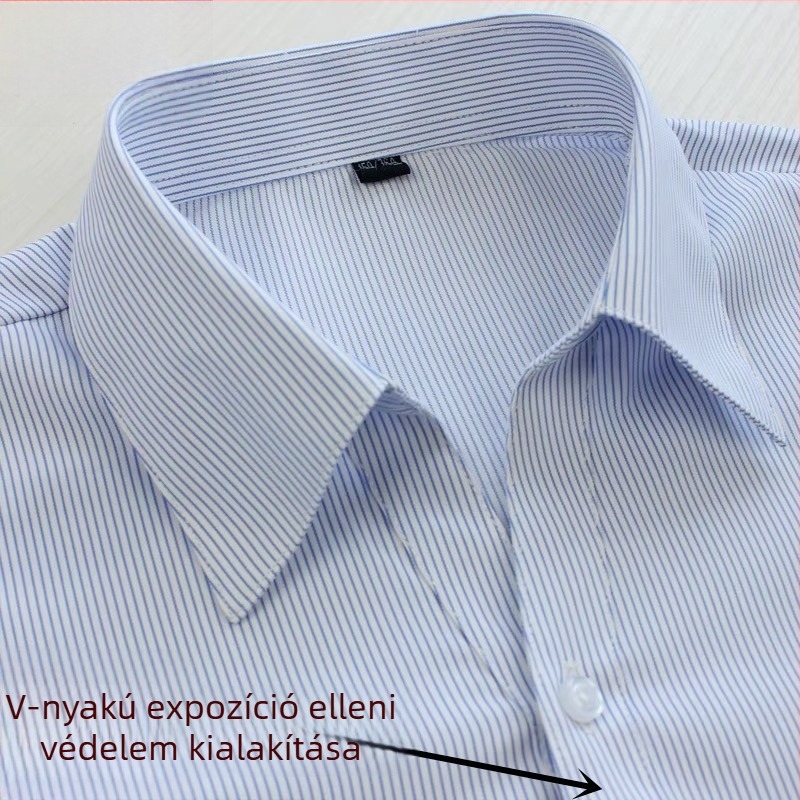 Női fehér ing kék csíkokkal, üzleti megjelenés, hosszú ujjú, V-nyak, rejtett gombolás, plusz méret, pamut-poliészter keverék