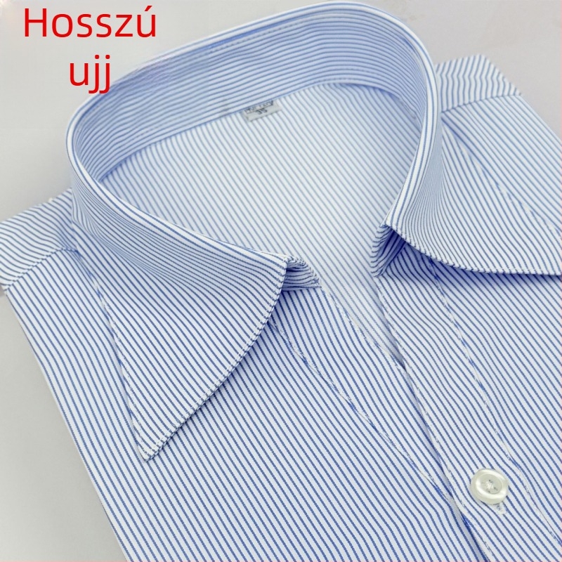 Női fehér ing kék csíkokkal, üzleti megjelenés, hosszú ujjú, V-nyak, rejtett gombolás, plusz méret, pamut-poliészter keverék