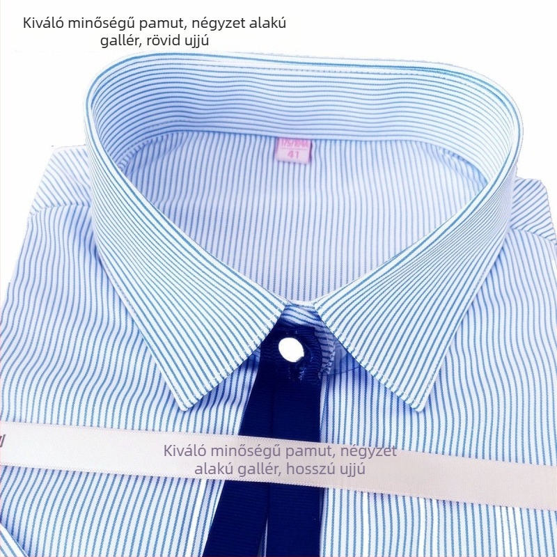 Női fehér ing kék csíkokkal, üzleti megjelenés, hosszú ujjú, V-nyak, rejtett gombolás, plusz méret, pamut-poliészter keverék