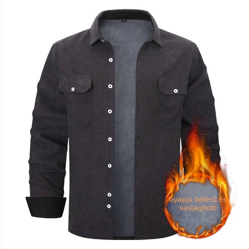 Férfi corduroy ingkabát fleece-béléssel, téli meleg, retro amerikai stílus, hosszú ujjú, zsebek