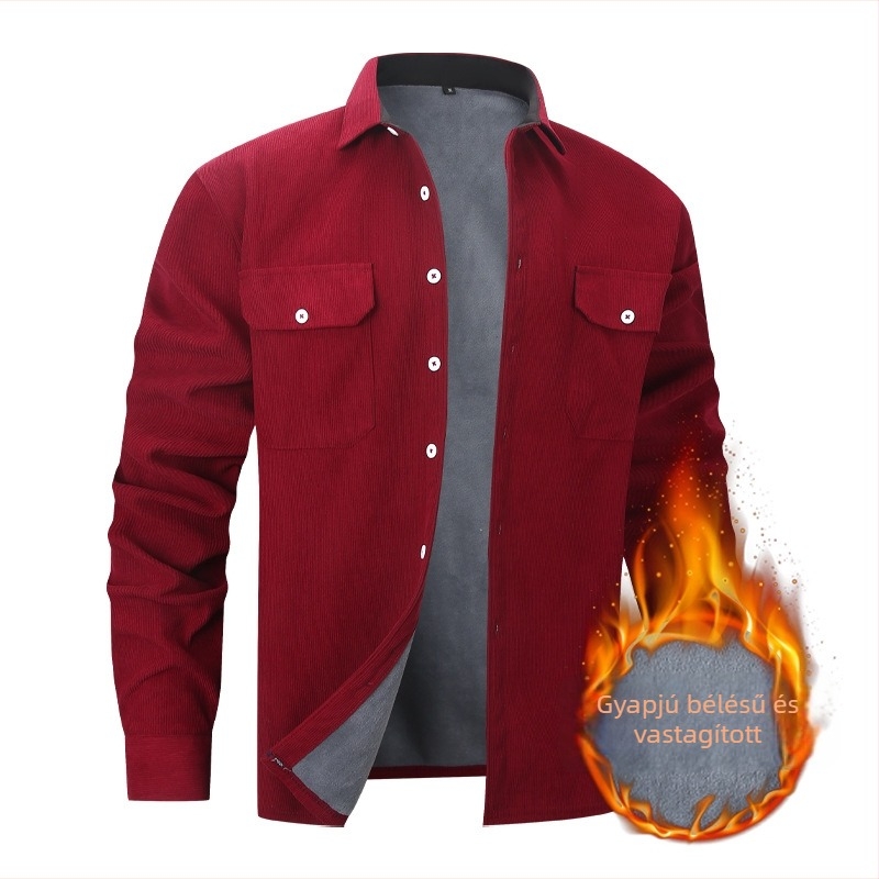 Férfi corduroy ingkabát fleece-béléssel, téli meleg, retro amerikai stílus, hosszú ujjú, zsebek