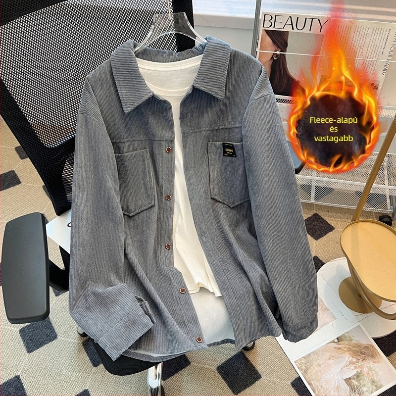Corduroy kardigán ing, fleece bélés, hosszú ujjú, hegyes gallér, koreai stílus, őszi-téli