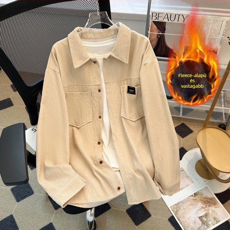 Corduroy kardigán ing, fleece bélés, hosszú ujjú, hegyes gallér, koreai stílus, őszi-téli