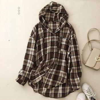 Kapucnis kockás pamut-len keverék ing, hosszú ujjú, őszi 2024