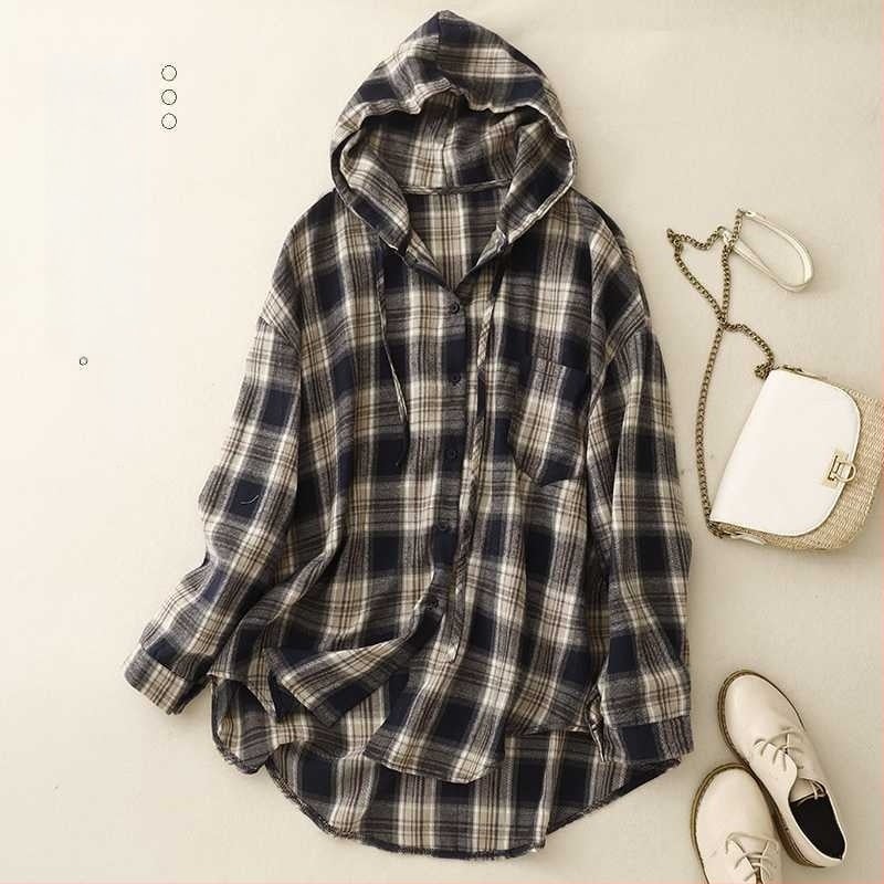 Kapucnis kockás pamut-len keverék ing, hosszú ujjú, őszi 2024