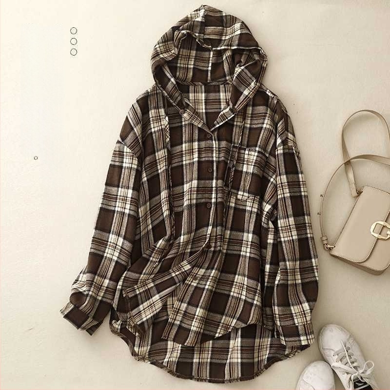 Kapucnis kockás pamut-len keverék ing, hosszú ujjú, őszi 2024