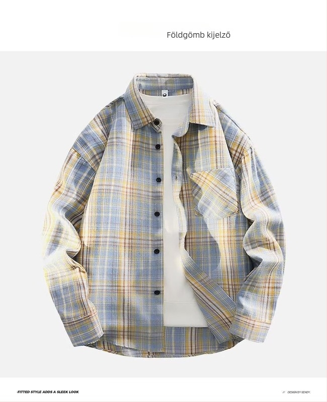 Kardigán-stílusú ing kockás mintával, laza szabás, hosszú ujjú, poliészter anyag