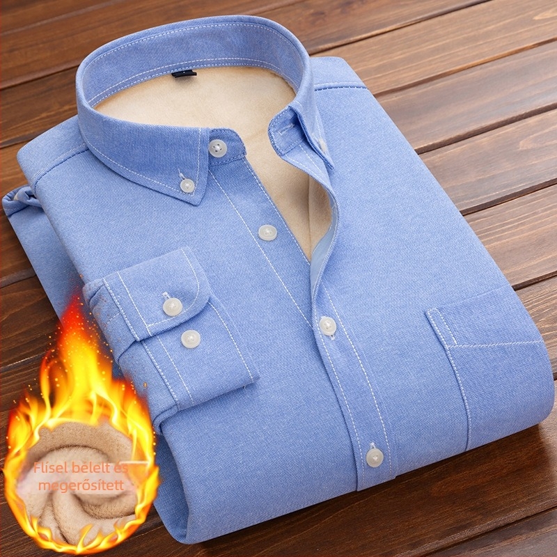 Oxford pamut-keverékből készült melegítőing fleece béléssel, álló gallér, hosszú ujjú, lazább szabású, egyszínű