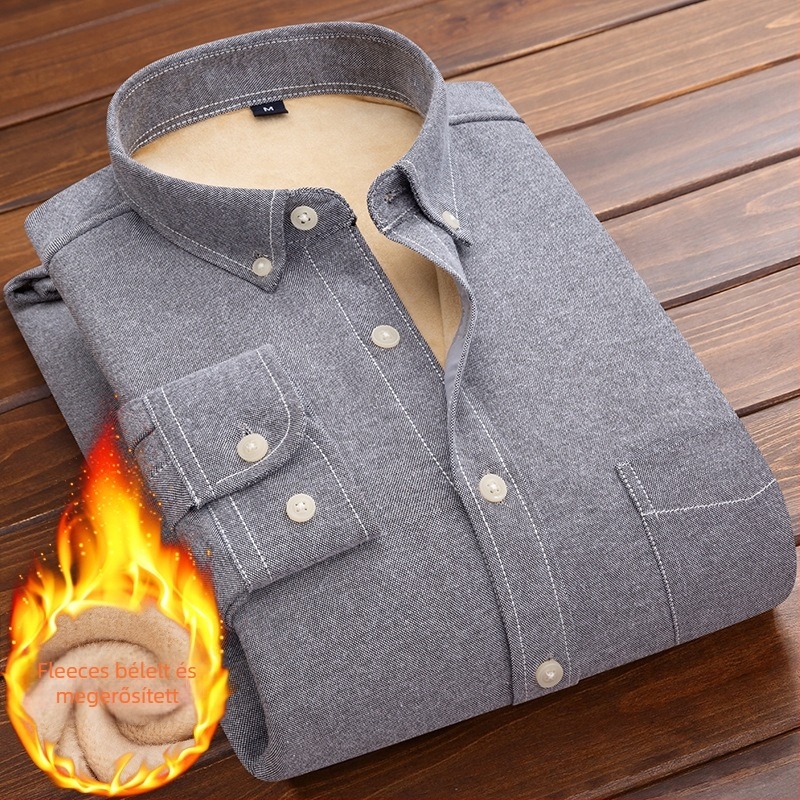 Oxford pamut-keverékből készült melegítőing fleece béléssel, álló gallér, hosszú ujjú, lazább szabású, egyszínű