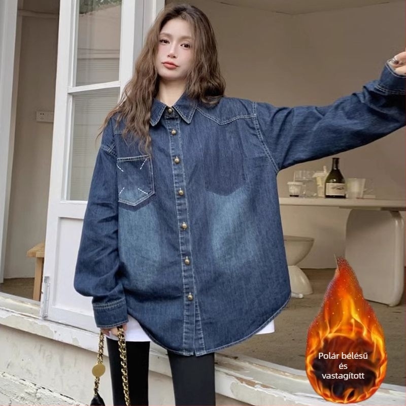 Plusz méretű retro denim-ing nőknek, fleece-béléssel, lazán szabott, hosszú ujjú, őszi–téli 2025