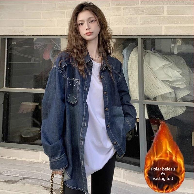 Plusz méretű retro denim-ing nőknek, fleece-béléssel, lazán szabott, hosszú ujjú, őszi–téli 2025