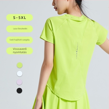 Női sportos felső gyorsan száradó anyaggal, 80% nylon, 20% spandex, rövid ujjú, csípőhosszú