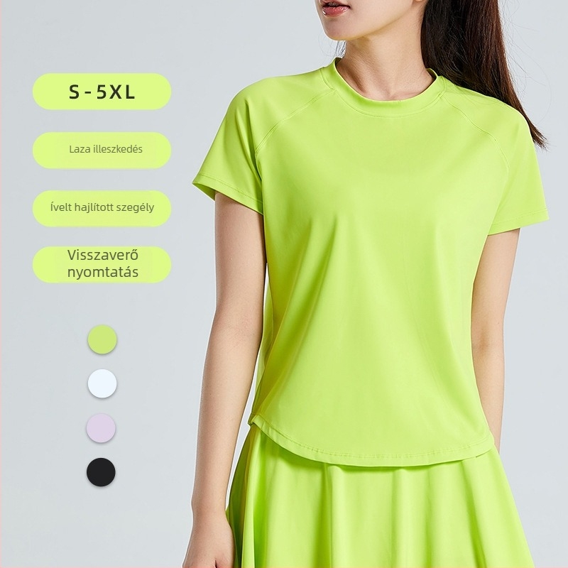 Női sportos felső gyorsan száradó anyaggal, 80% nylon, 20% spandex, rövid ujjú, csípőhosszú