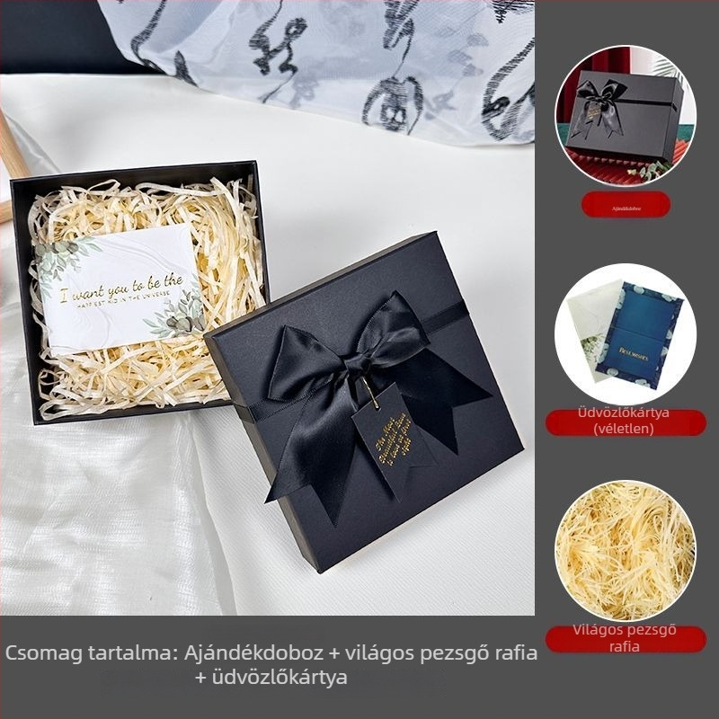 Díszdoboz szalaggal, egyszerű és modern stílusú, papírból készült, születésnapi ajándékhoz