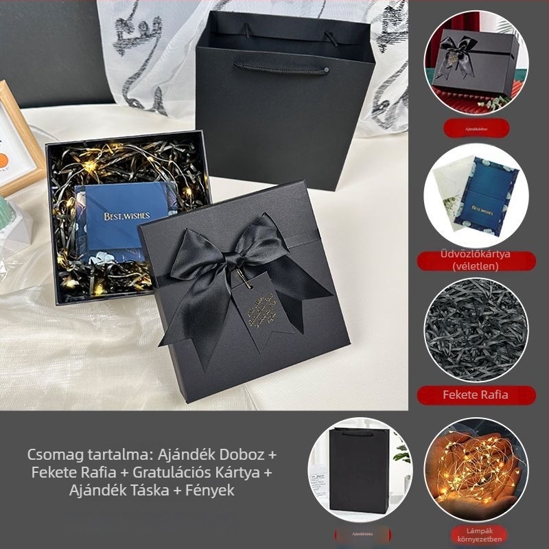 Díszdoboz szalaggal, egyszerű és modern stílusú, papírból készült, születésnapi ajándékhoz