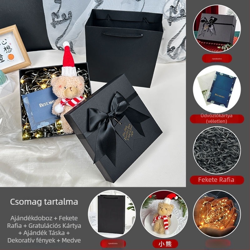 Díszdoboz szalaggal, egyszerű és modern stílusú, papírból készült, születésnapi ajándékhoz