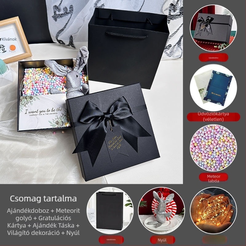 Díszdoboz szalaggal, egyszerű és modern stílusú, papírból készült, születésnapi ajándékhoz