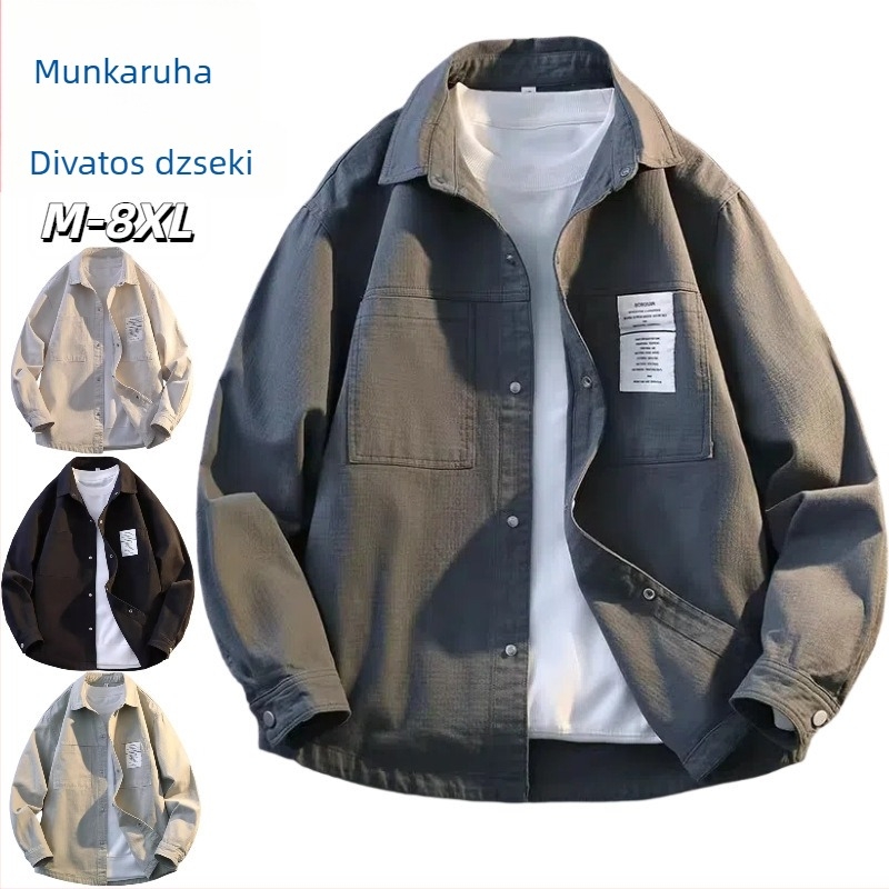 Plus-size férfi hosszú ujjú ing, galléros, kabátos stílusú felső, japán streetwear hatású, tavasz–ősz