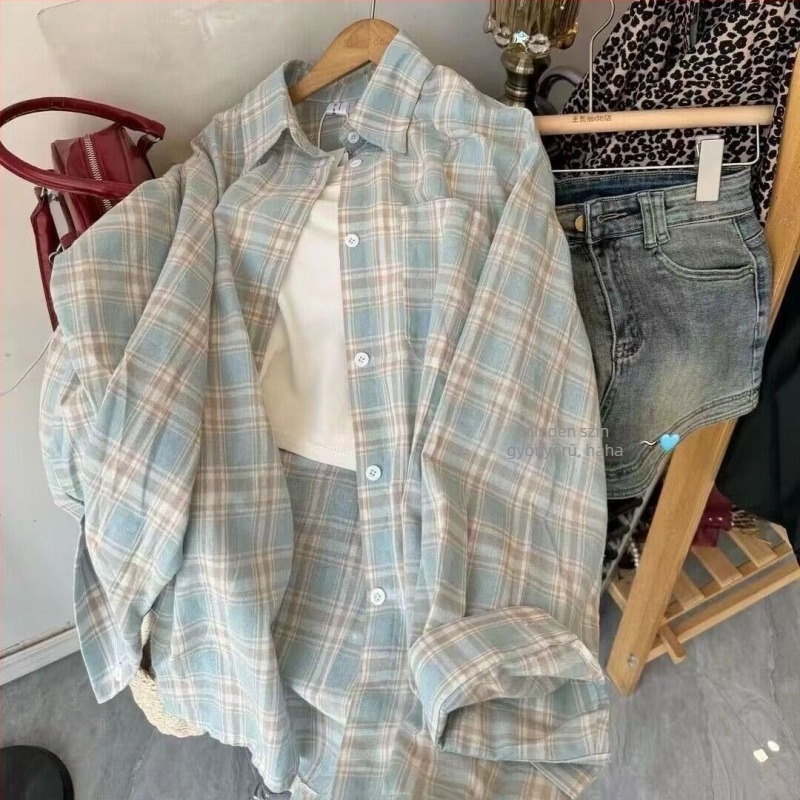 Koreai-stílusú retró kockás pamut ing, kardigán-stílus, hosszú ujjú, laza szabású, polo gallér