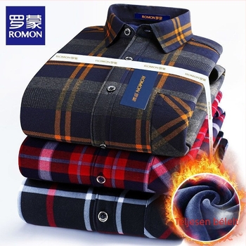 Romon férfi téli meleg ing, hosszú ujjú, kockás minta, bő szabás, hímzett részletek