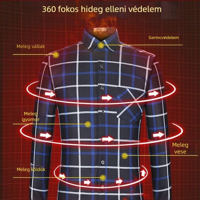 Romon férfi téli meleg ing, hosszú ujjú, kockás minta, bő szabás, hímzett részletek