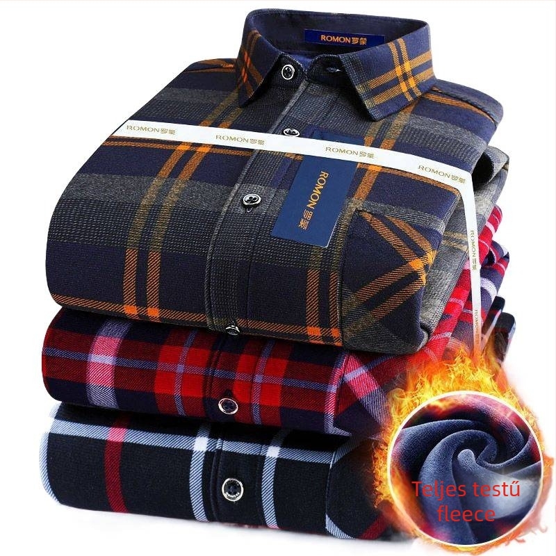 Romon férfi téli meleg ing, hosszú ujjú, kockás minta, bő szabás, hímzett részletek