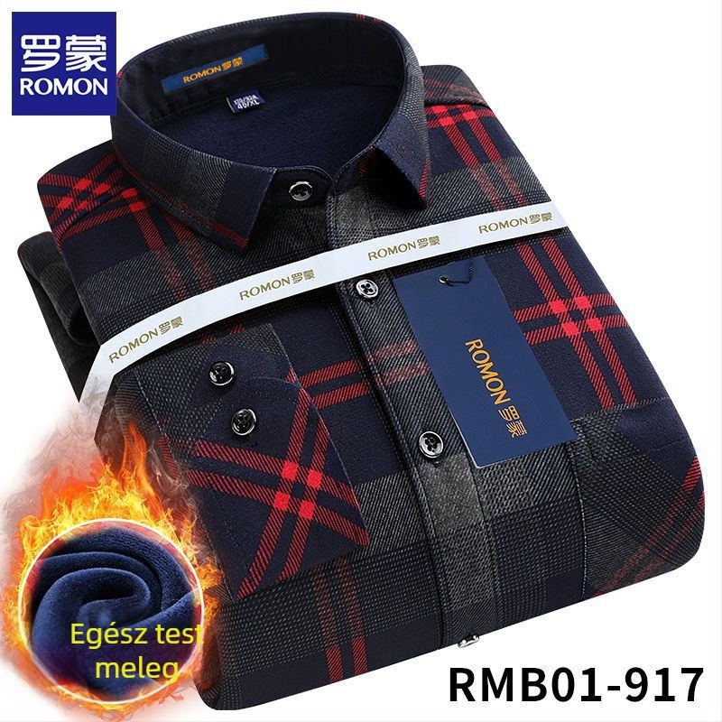 Romon férfi téli meleg ing, hosszú ujjú, kockás minta, bő szabás, hímzett részletek