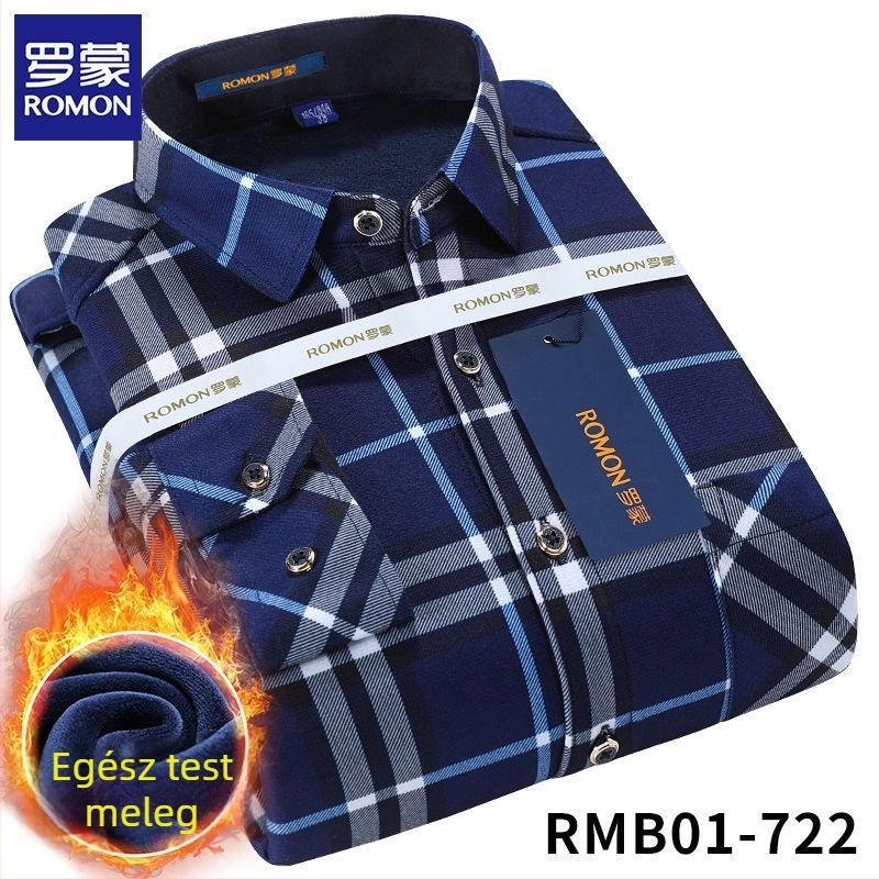Romon férfi téli meleg ing, hosszú ujjú, kockás minta, bő szabás, hímzett részletek