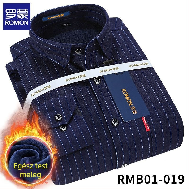 Romon férfi téli meleg ing, hosszú ujjú, kockás minta, bő szabás, hímzett részletek