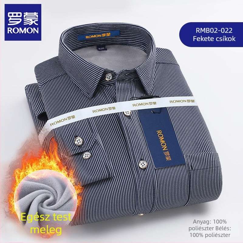 Romon férfi téli meleg ing, hosszú ujjú, kockás minta, bő szabás, hímzett részletek