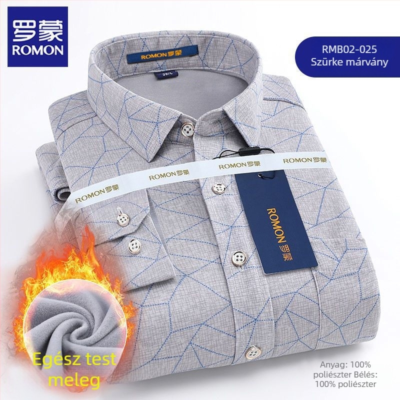 Romon férfi téli meleg ing, hosszú ujjú, kockás minta, bő szabás, hímzett részletek