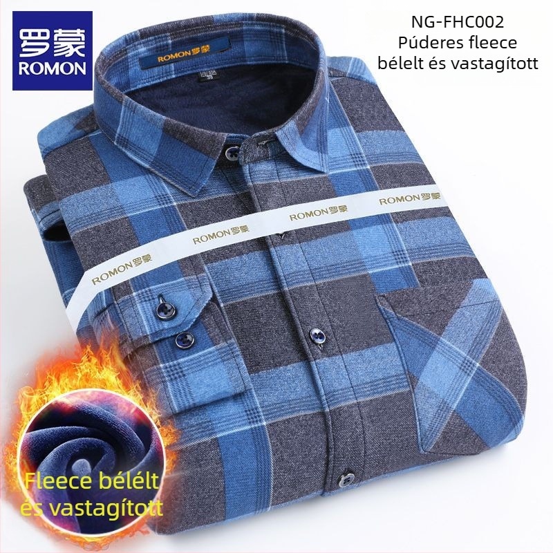 Romon férfi téli meleg ing, hosszú ujjú, kockás minta, bő szabás, hímzett részletek