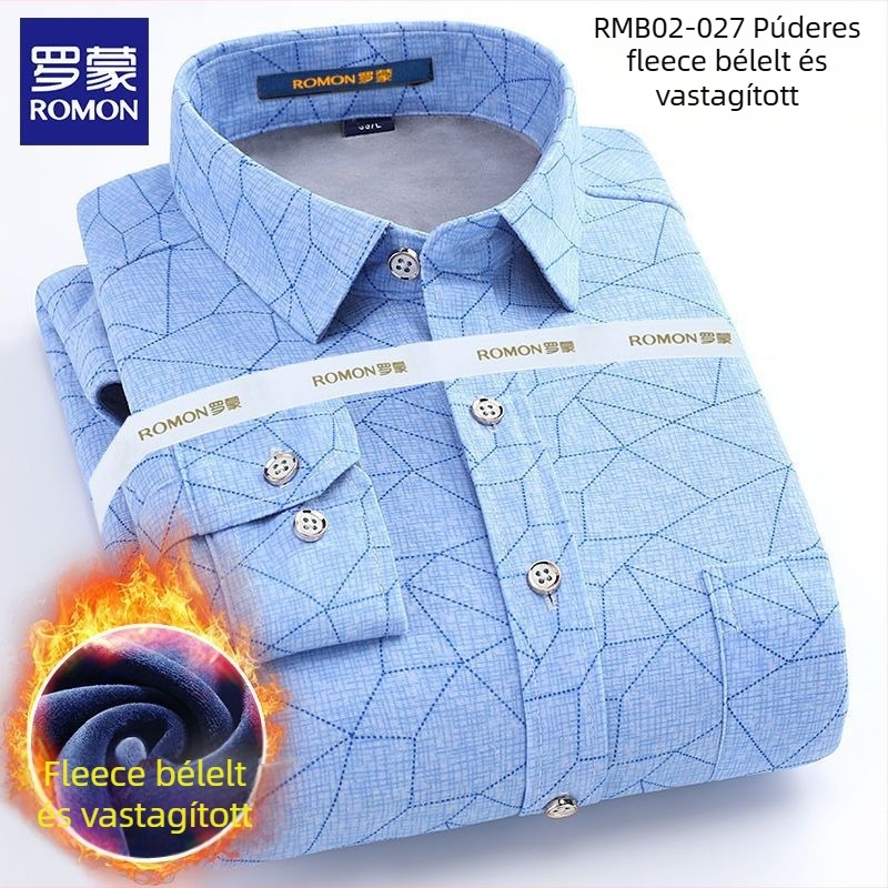 Romon férfi téli meleg ing, hosszú ujjú, kockás minta, bő szabás, hímzett részletek