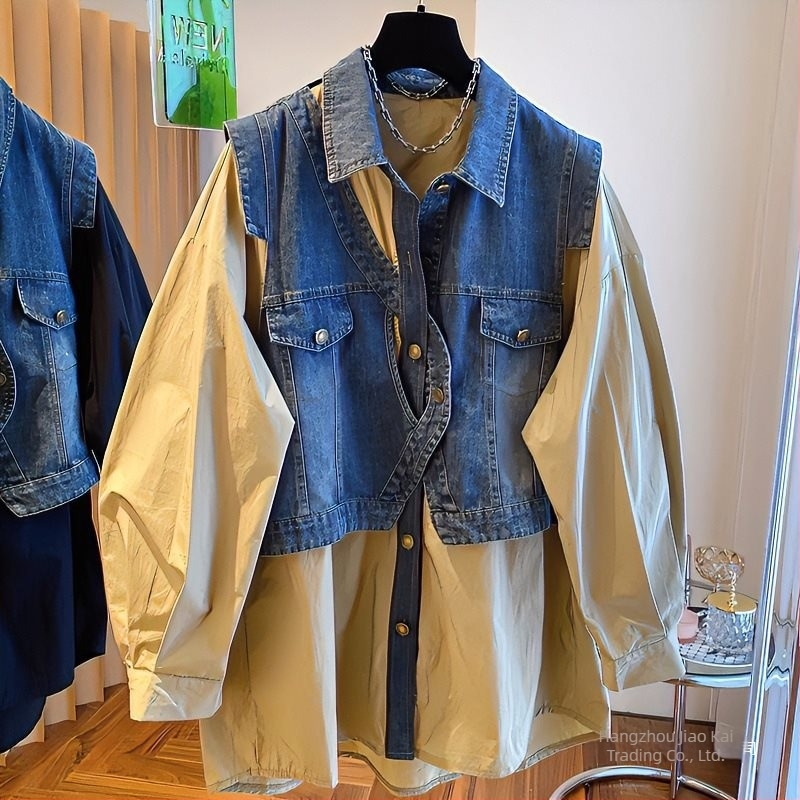 Női hosszú ujjú felső denim patchworkkal és illúzióként két részes dizájnnal, polo gallér, egygombos záródás, lazább szabás