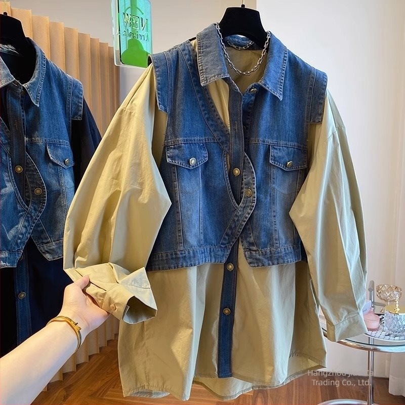 Női hosszú ujjú felső denim patchworkkal és illúzióként két részes dizájnnal, polo gallér, egygombos záródás, lazább szabás