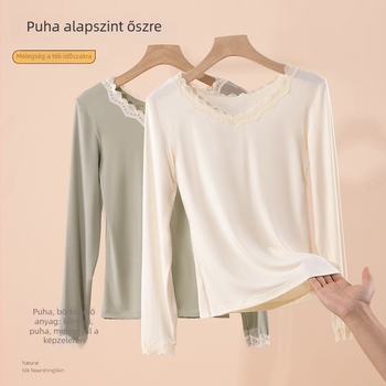 Női thermális alapréteg felső csipkés szélekkel, ultra vékony viszkóz anyagból, modal bélés, kerek nyakú, pulóver fazon, karcsúsított