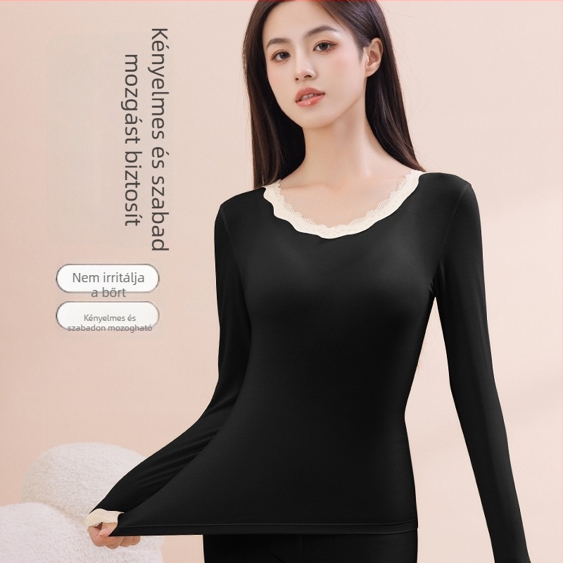 Női thermális alapréteg felső csipkés szélekkel, ultra vékony viszkóz anyagból, modal bélés, kerek nyakú, pulóver fazon, karcsúsított