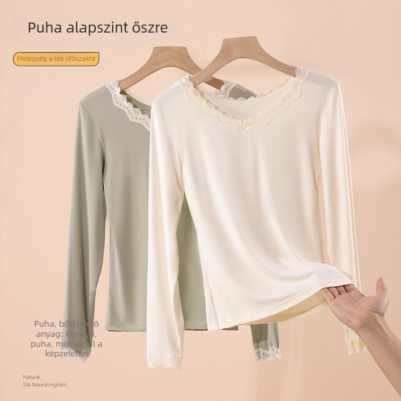 Női thermális alapréteg felső csipkés szélekkel, ultra vékony viszkóz anyagból, modal bélés, kerek nyakú, pulóver fazon, karcsúsított