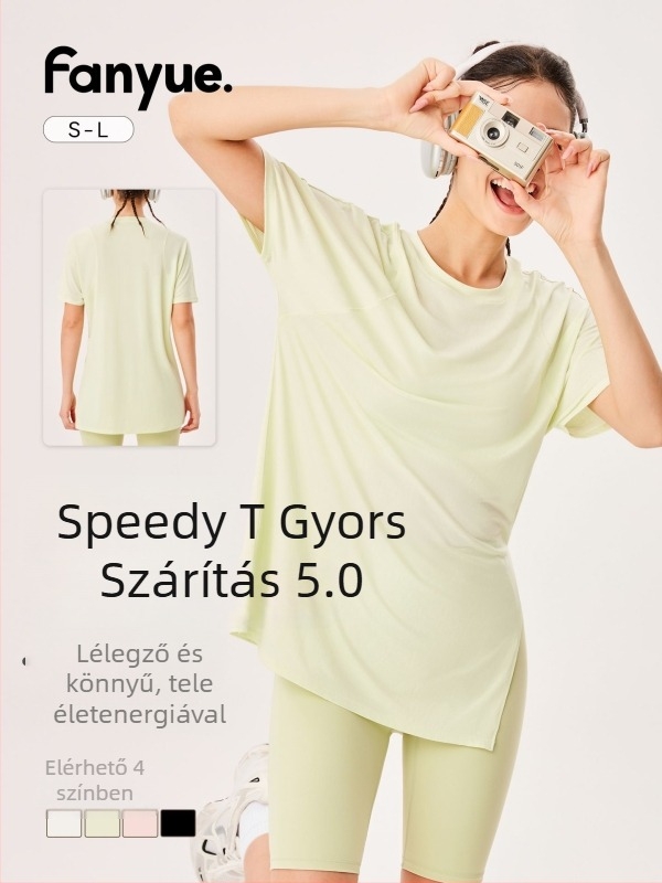 Női gyorsan száradó rövid ujjú laza jóga felső, 89% poliészter + 11% spandex, csípő feletti hosszúság