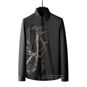 Férfi slim-fit hosszú ujjú ing, nyomott mintázat, fő anyaga kender (51–70%), széles gallér