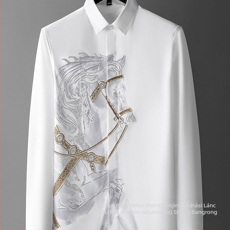 Férfi slim-fit hosszú ujjú ing, nyomott mintázat, fő anyaga kender (51–70%), széles gallér
