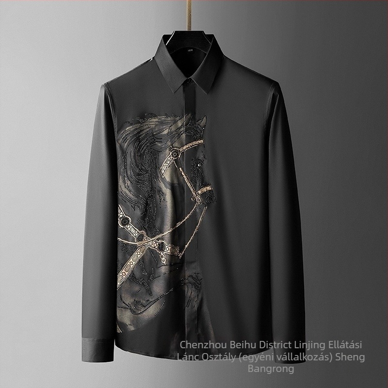 Férfi slim-fit hosszú ujjú ing, nyomott mintázat, fő anyaga kender (51–70%), széles gallér