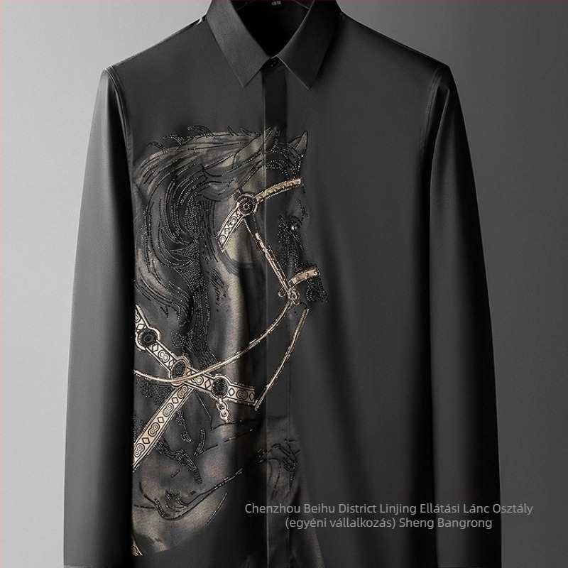 Férfi slim-fit hosszú ujjú ing, nyomott mintázat, fő anyaga kender (51–70%), széles gallér