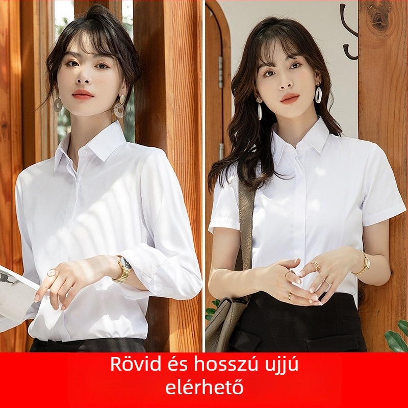 Női ing, hosszú ujjú, V-nyakú, egyszínű, pamut-poliészter keverék, karcsú szabású