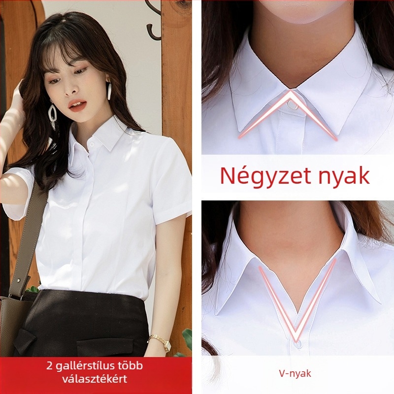 Női ing, hosszú ujjú, V-nyakú, egyszínű, pamut-poliészter keverék, karcsú szabású