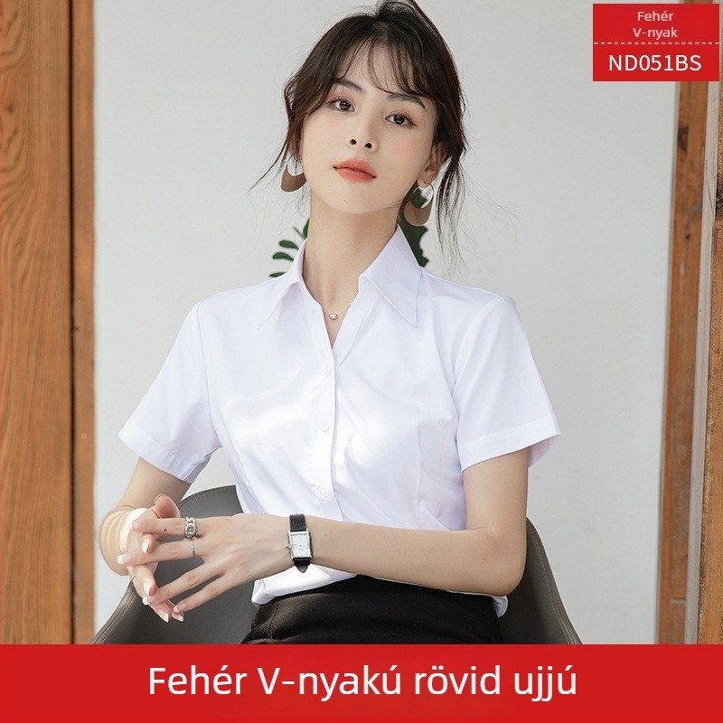 Női ing, hosszú ujjú, V-nyakú, egyszínű, pamut-poliészter keverék, karcsú szabású