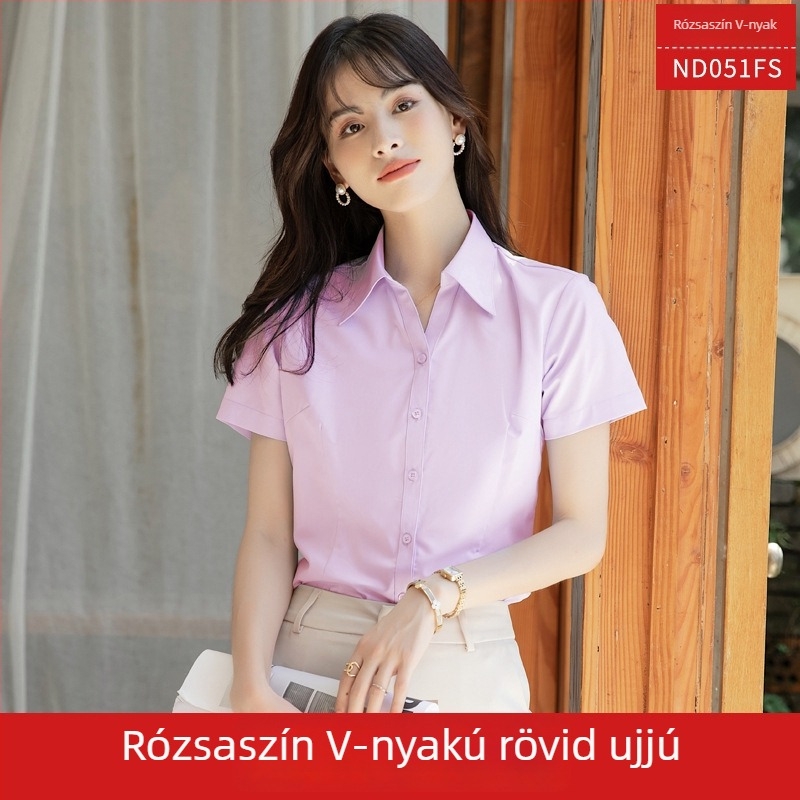 Női ing, hosszú ujjú, V-nyakú, egyszínű, pamut-poliészter keverék, karcsú szabású