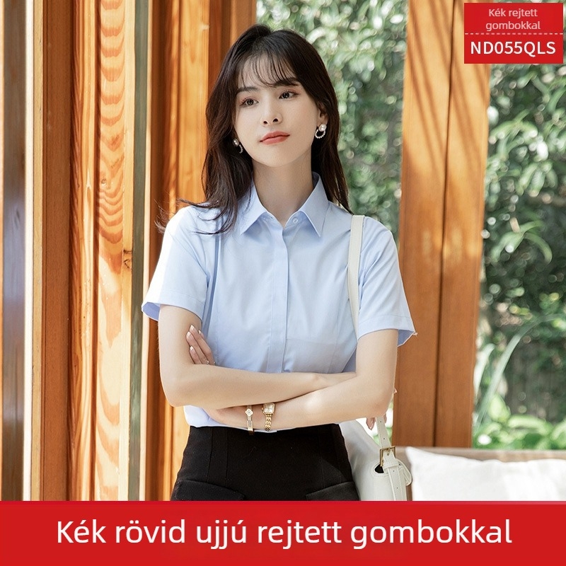 Női ing, hosszú ujjú, V-nyakú, egyszínű, pamut-poliészter keverék, karcsú szabású