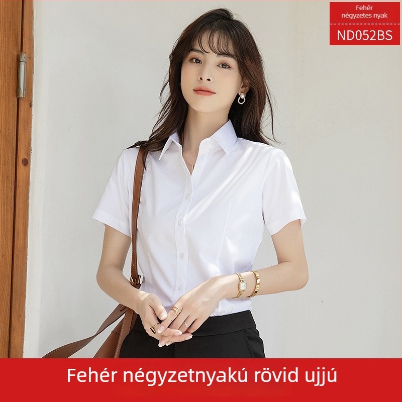 Női ing, hosszú ujjú, V-nyakú, egyszínű, pamut-poliészter keverék, karcsú szabású