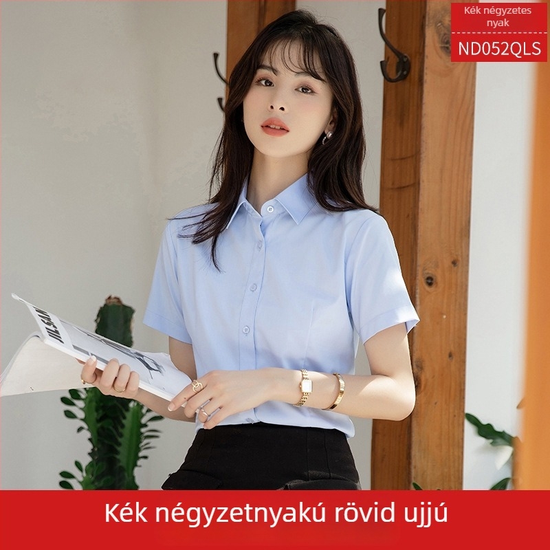 Női ing, hosszú ujjú, V-nyakú, egyszínű, pamut-poliészter keverék, karcsú szabású